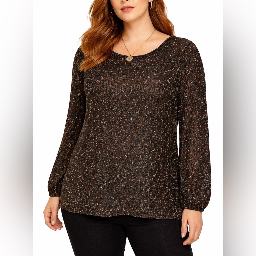 Metallic Shimmer Top Bronze Black Abstract Stretch Mesh Top Night Out Sz. Large